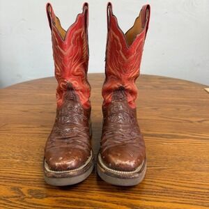 Women's Lucchese 2000 Full Ostrich Quill Red and Brown Cowboy Boots Size 6